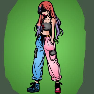 girl in baggy pants crop top and long hair