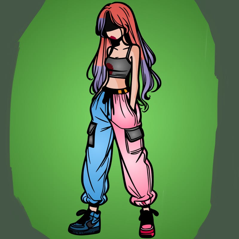 girl in baggy pants crop top and long hair