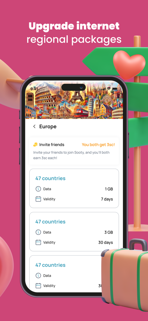 Interface do aplicativo Sooty exibindo pacotes de dados eSIM regionais para a Europa com várias opções de dados e validade