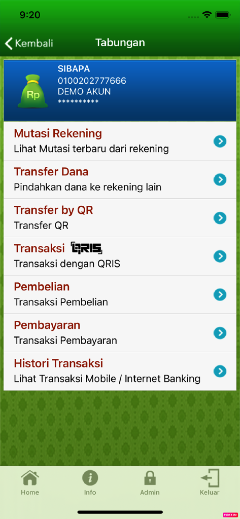 A screenshot of the BPDBALI Mobile banking app displaying the savings menu with options for fund transfers, QRIS payments, and transaction history.