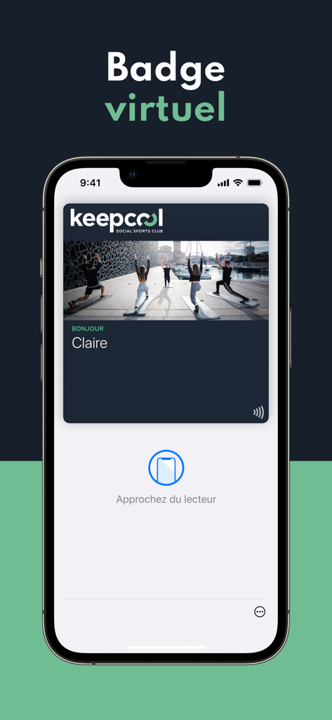 Keepcool mobile app screen showing a virtual badge on an iPhone for contactless gym entry