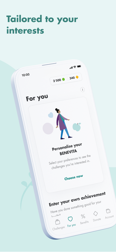 SWICA Benevita app screen showing the personalization feature for tailored health challenges and interests.