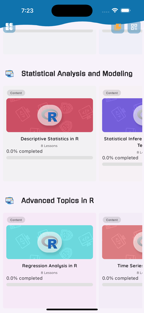 Learn R Programming [PRO] - Course modules for statistical analysis and regression analysis in the Learn R Programming app.