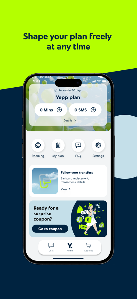 Yettel HU 앱 대시보드에 Yepp 플랜 시간 및 특별 쿠폰이 표시됨