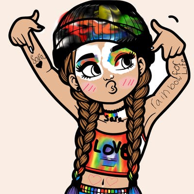 realistic teenage girl with braids and a beanie and crop top doing 🫶🏼