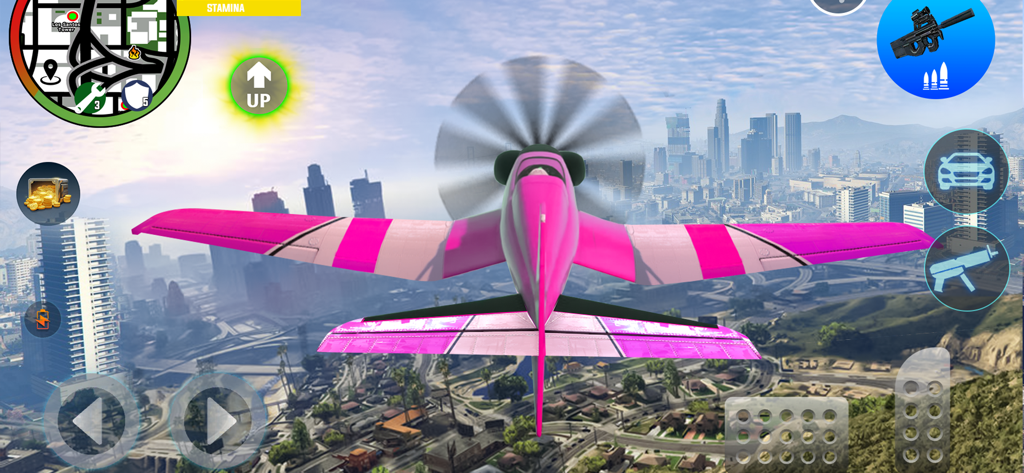 Gangster Games Crime Simulator - A pink and white propeller plane flying over an urban city landscape in Gangster Games Crime Simulator