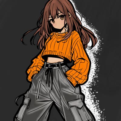 anime teen girl with baggy pants and crop top with sweater