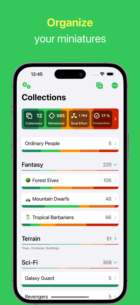 Figure Case - Hobby Progress - L'interfaccia dell'app Figure Case che mostra varie collezioni di miniature e statistiche di completamento dei progetti.