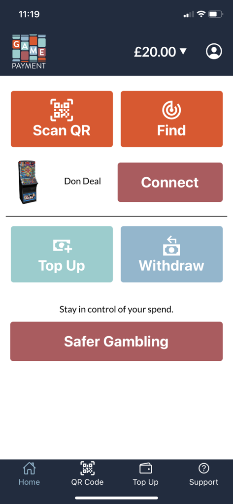 Game Payment: cashless gaming - ゲームペイメントアプリのホーム画面。デジタルウォレット残高と機械接続機能が表示されます。