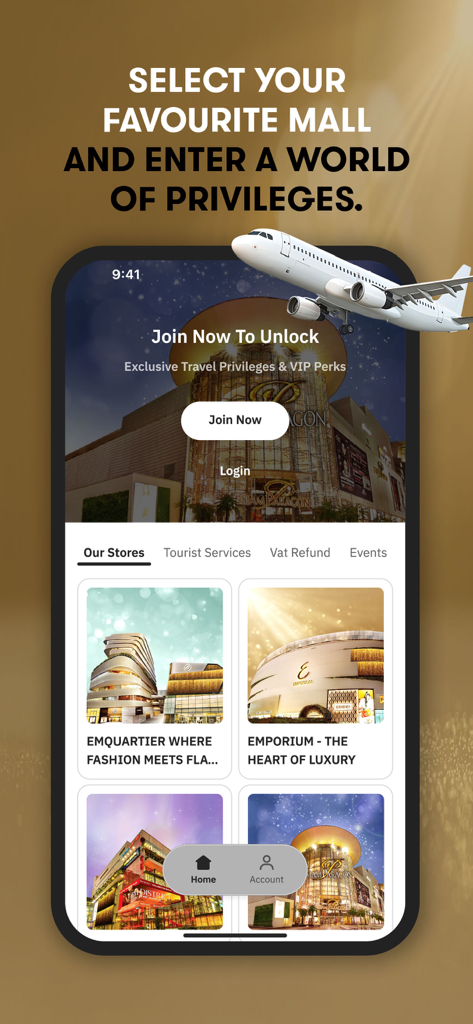 M Tourist Thailand - M Tourist Thailand app interface showing luxury mall selections and exclusive tourist privileges in Bangkok.