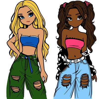 2 girls in crop tops and baggy jeans ripped