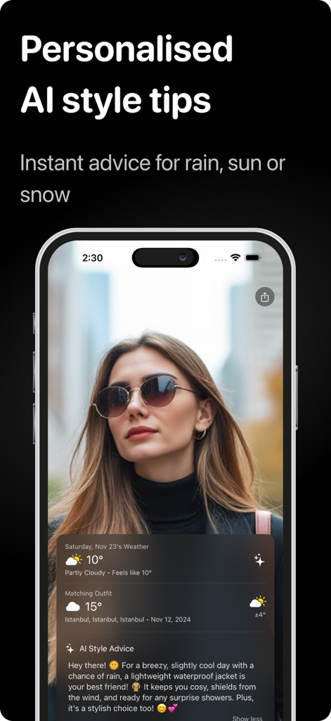 Stylix: Plan Outfit by Weather - Stylix app screenshot showing AI outfit advice and local weather forecast.