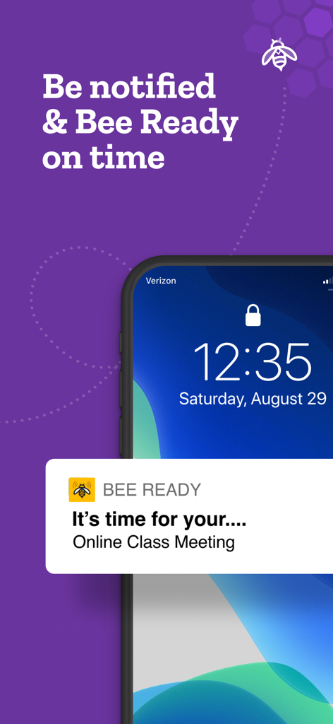 Bee Ready: Daily Reminders - ロック画面に表示されたBee Readyアプリの通知。オンラインクラスのリマインダー。
