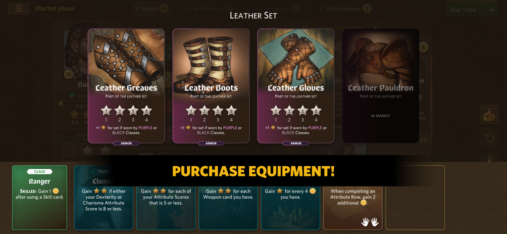 Roll Player - The Board Game - Roll Player board game market phase screen showing leather armor equipment set for purchase