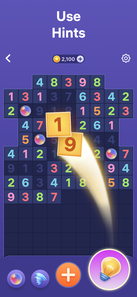 Number Tiles - Match Numbers - Gameplay screenshot of Number Tiles showing the use of a hint to identify a pair of numbers that sums to ten.