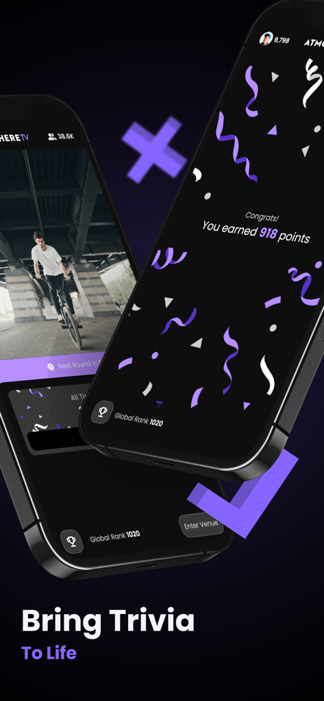 Two smartphones showing the Atmosphere Trivia app interface with points earned and global ranking.