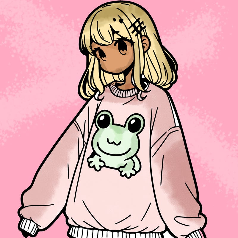 girl wearing frogging sweatshirt