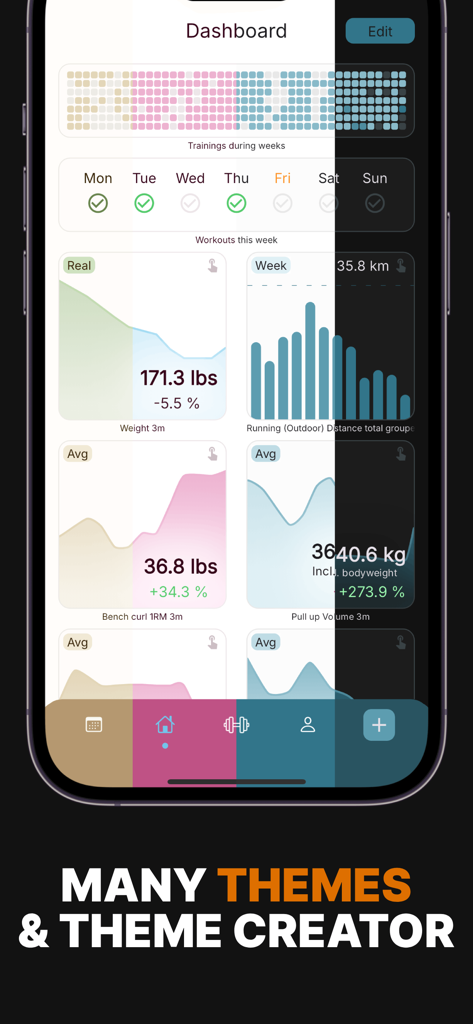 Gym log - Strive - Gym log Strive app dashboard showing various color themes and fitness progress charts