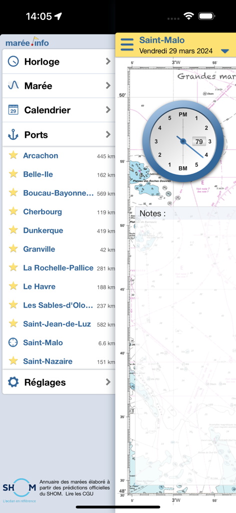 Interface de l'application marée.info montrant une liste de ports français et une horloge de marée interactive pour Saint-Malo.