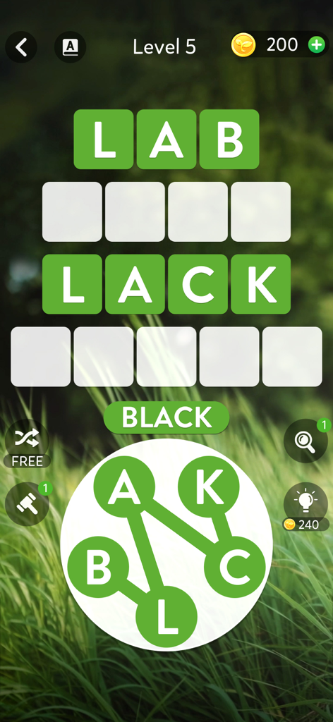 Zen Spell - Word Puzzle - Zen Spell word puzzle gameplay screen with letters on a letter wheel and a crossword grid over a nature background