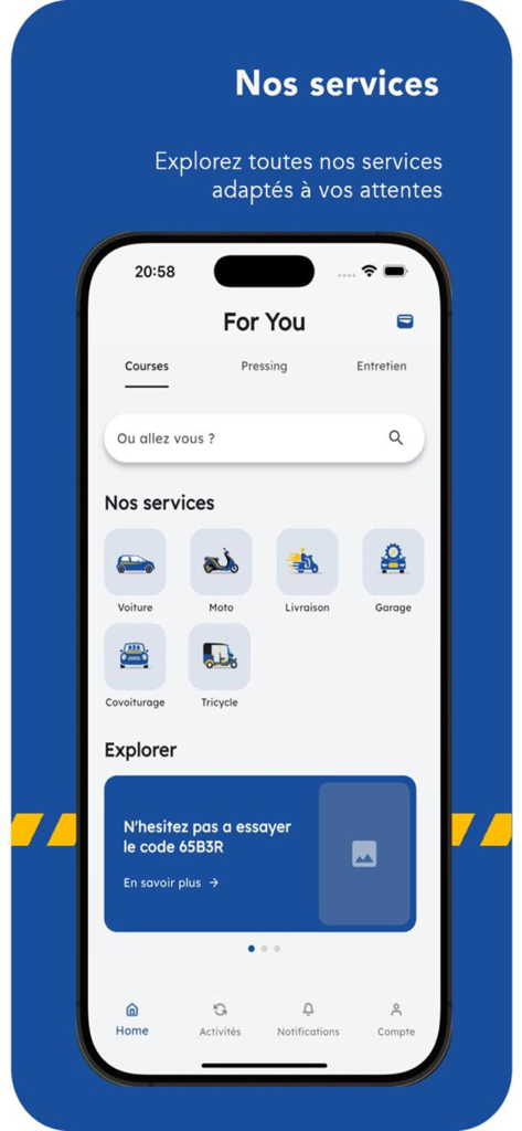 4u-for you - Home screen of the 4u-for you app showing transportation and delivery service options like car, moto, and delivery.