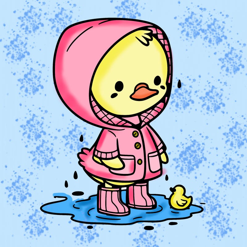 baby duck in a rain coat and boots, in a puddle while it’s raining