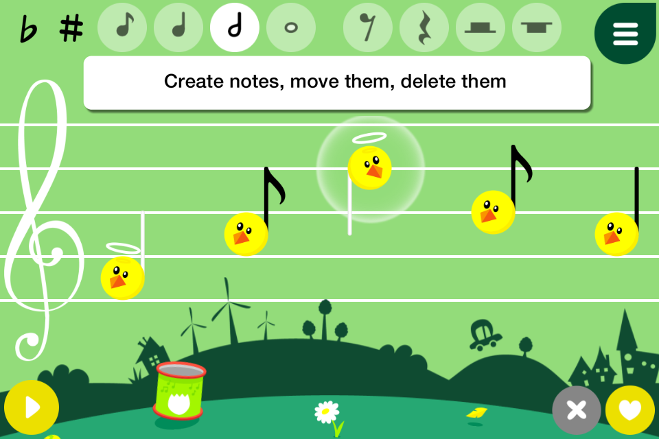 Child-friendly music app interface showing a musical staff with yellow chick-headed notes and composition tools.