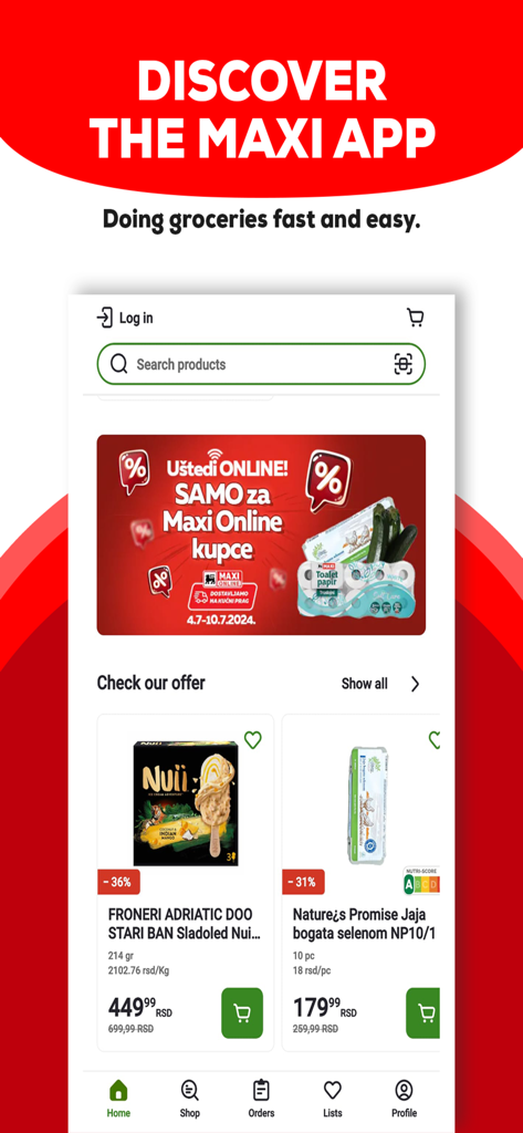 Interface da app Maxi Online a apresentar produtos de mercearia e ofertas especiais.
