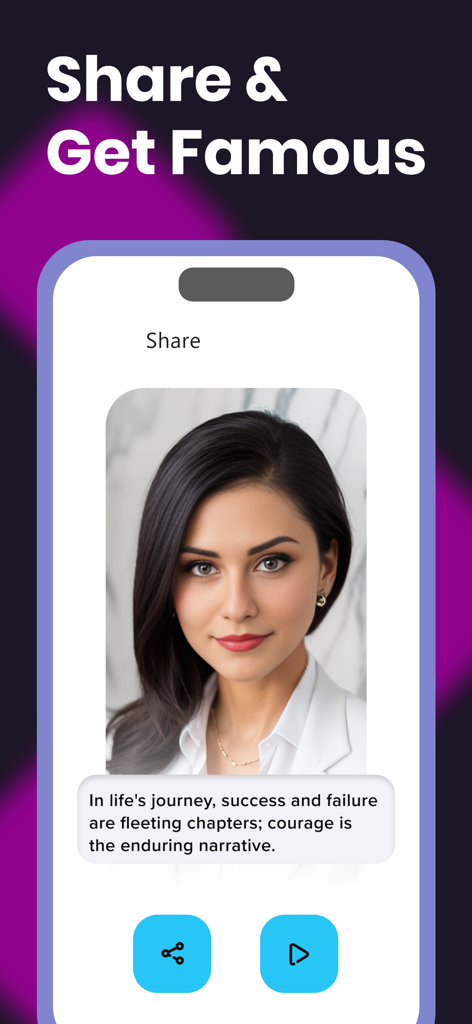 Pantalla de smartphone que muestra una interfaz para compartir contenido de voz generado por IA con el retrato de una mujer y una cita motivacional.