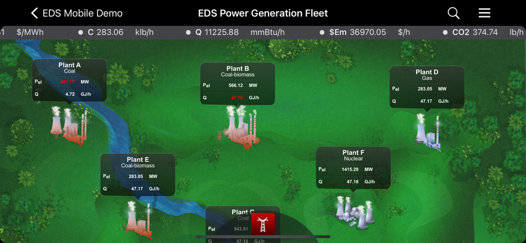 EDS Mobile - EDS Mobile app dashboard showing a power generation fleet overview with real-time metrics for multiple industrial plants.