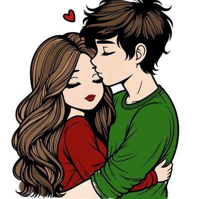 a realistic couple boy and girl hugging and kissing