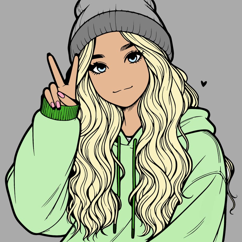 a teenage girl in a beanie, oversized sweatshirt, wavy long hair, and is showing a ✌️