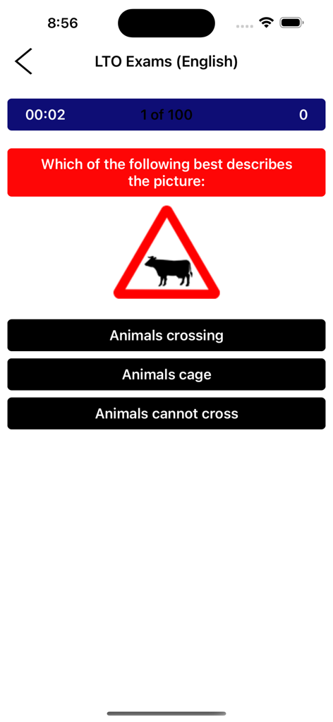 LTO Driver's License Exam Test - A practice question from the LTO Driver's License Exam Test app featuring a road sign with a cow and multiple-choice answers.