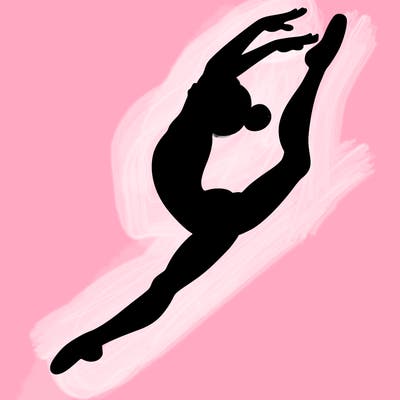 gymnast doing a leap in a leotard with a bent back leg