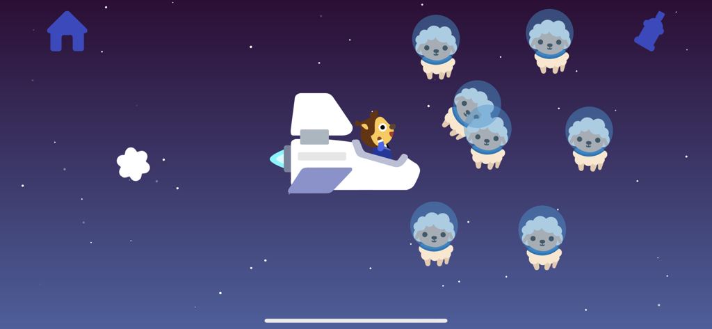 Airplane Games for Kids & Baby - A cartoon character piloting a white spaceship in space near sheep wearing astronaut helmets
