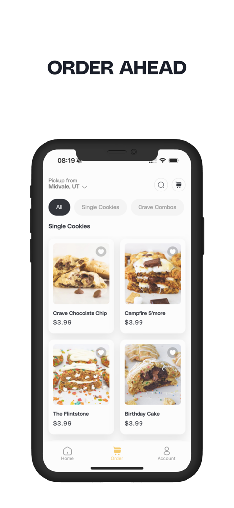 Crave Cookies - On Demand - Interfaz de la app móvil Crave Cookies que muestra un menú de galletas gourmet para pedir con antelación