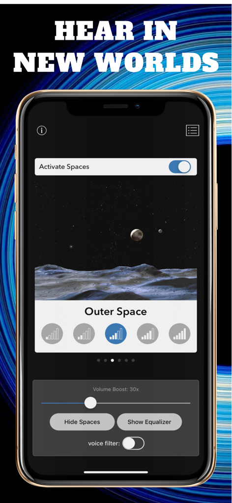 Hear Boost: Recording Ear Aid - Hear Boost app interface featuring the Outer Space ambient sound environment and volume boost settings.