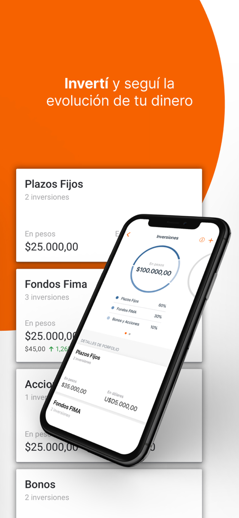 Galicia - El banco en tu celu - Interfaz móvil de la app de Galicia que muestra la cartera de inversiones y la distribución de activos