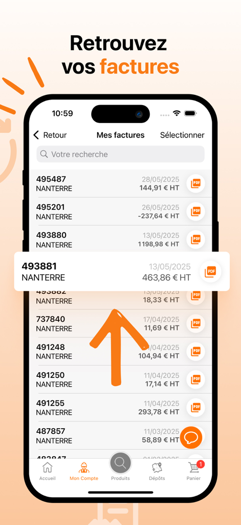 Screenshot of the La Plateforme du Batiment mobile app showing the digital invoice management screen for construction professionals.