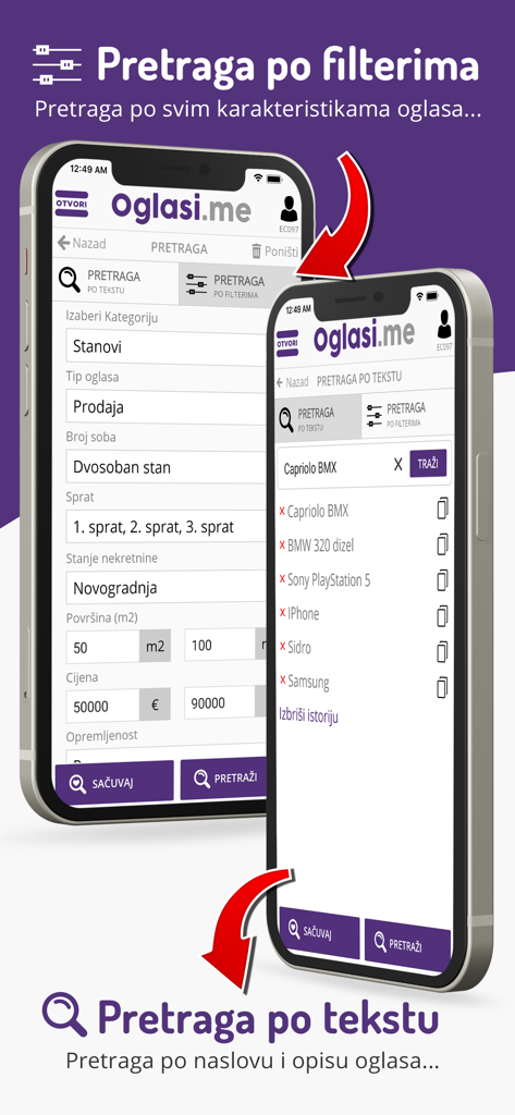 Oglasi - Two mobile screens displaying the Oglasi.me app's advanced search filters for real estate and its text-based keyword search history.