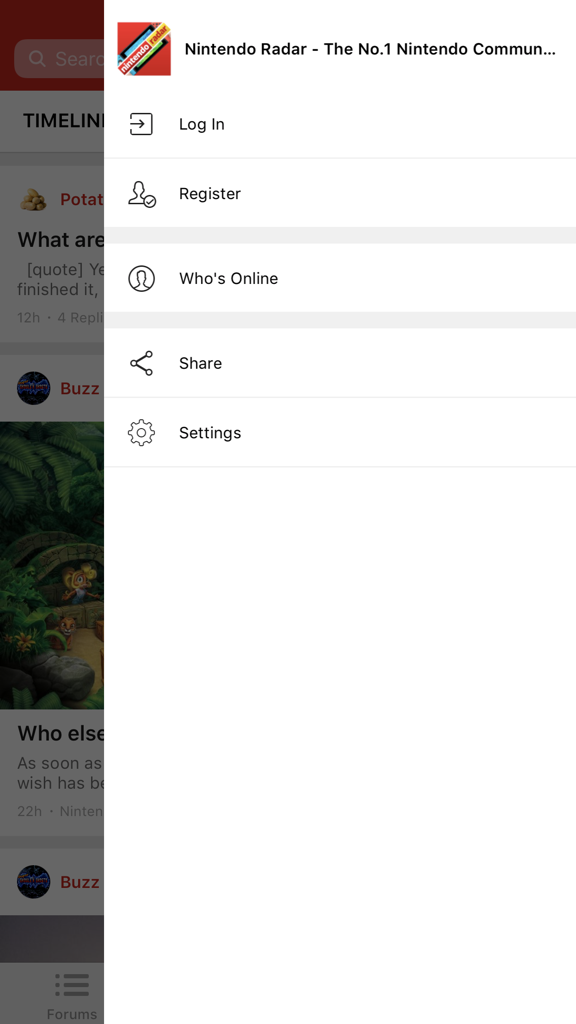 Menu de navigation de l'application Switch Forum montrant la connexion, l'inscription et les paramètres de la communauté