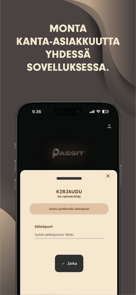Mobile login and registration screen for the Passit digital loyalty card app.