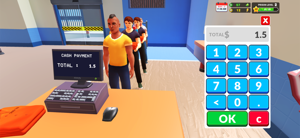 Prison Real Simulator - A cashier interface in Prison Real Simulator showing inmates in a queue for payment.