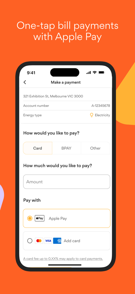 Origin Energy app screen for one-tap bill payments with Apple Pay