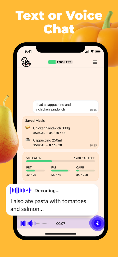 Lolo: Food & Calorie Tracker - Interface da app Lolo mostrando registo de alimentos através de chat de voz e texto com rastreamento de calorias e macros.