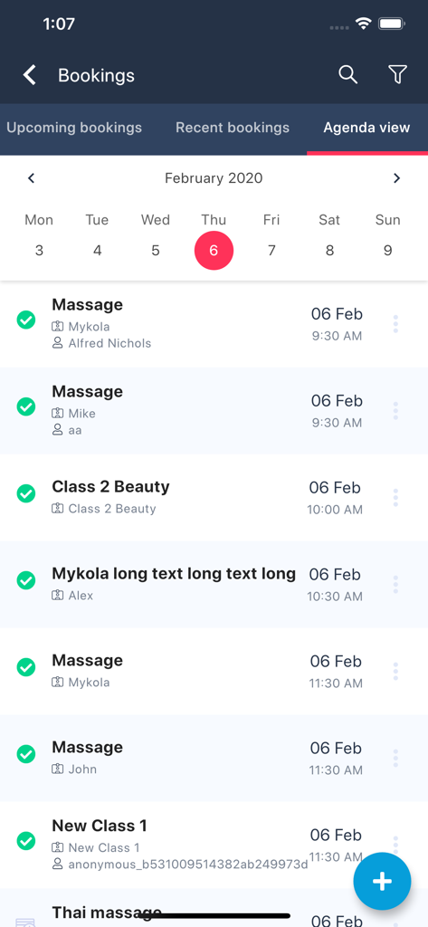 SimplyBook.me admin - Vista agenda delle prenotazioni di servizio nell'app SimplyBook.me admin.