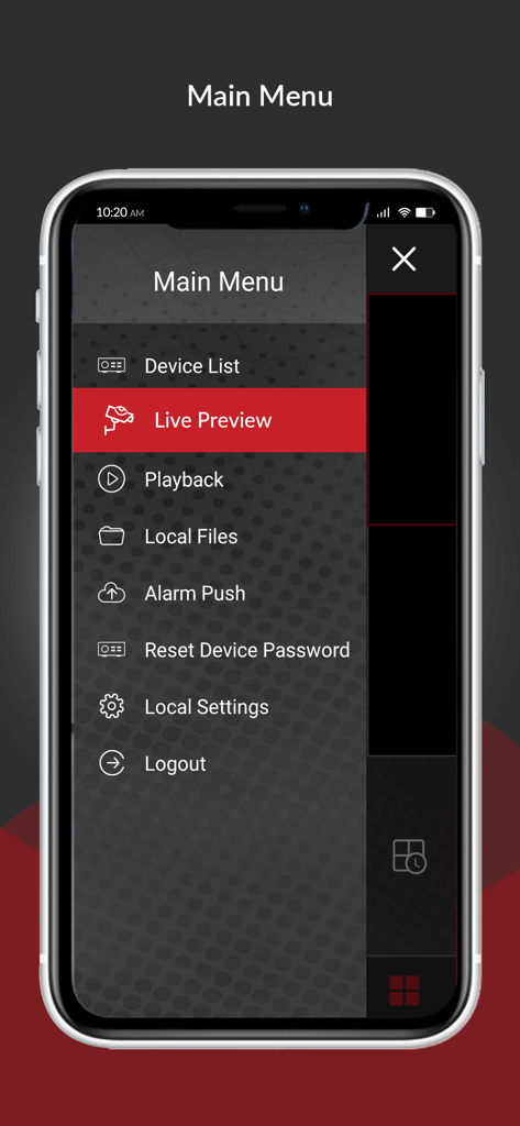 cMOB-20 - Screenshot of the cMOB-20 app main menu on a smartphone displaying options like Live Preview, Playback, and Alarm Push