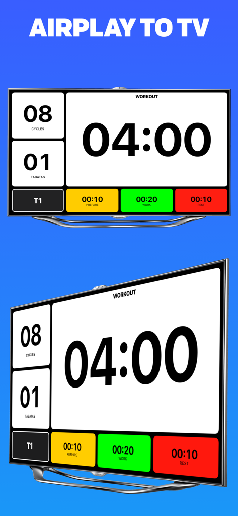 Tabata Pro HIIT interval timer interface displayed on a large television screen using AirPlay