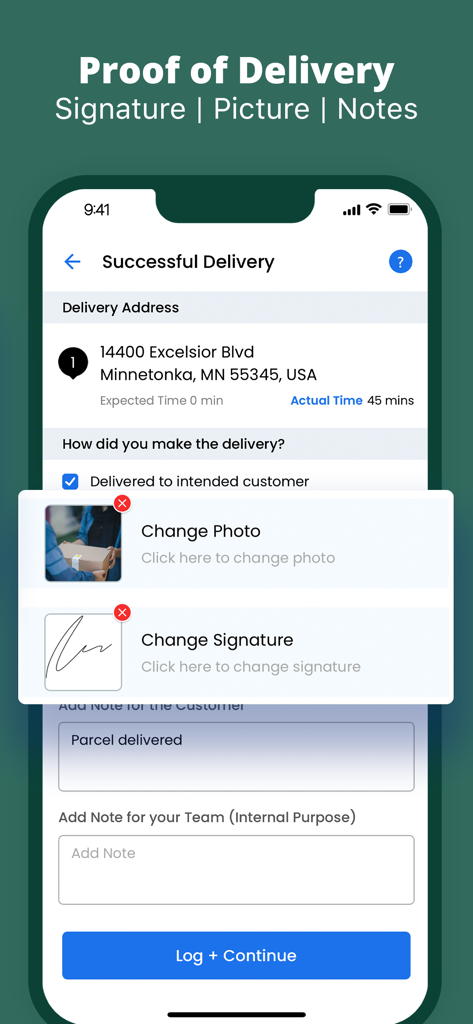 Delivery Driver App by Upper - Proof of delivery screen showing signature and photo capture on a mobile device