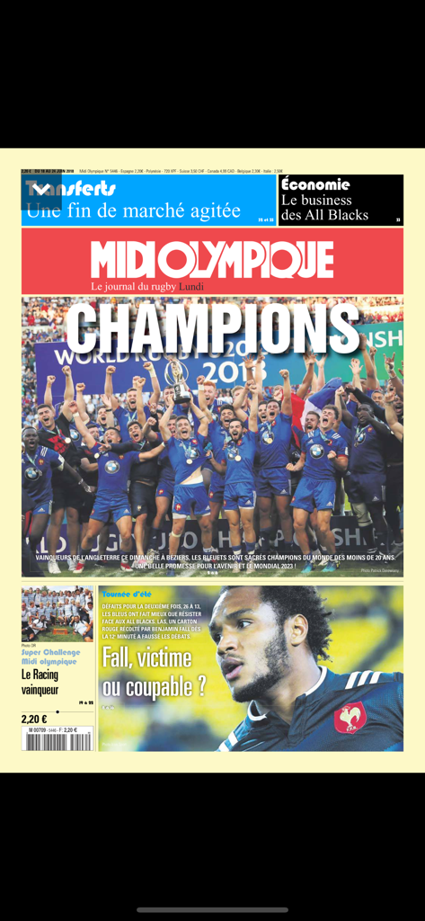 Front page of Midi Olympique digital newspaper featuring rugby champions